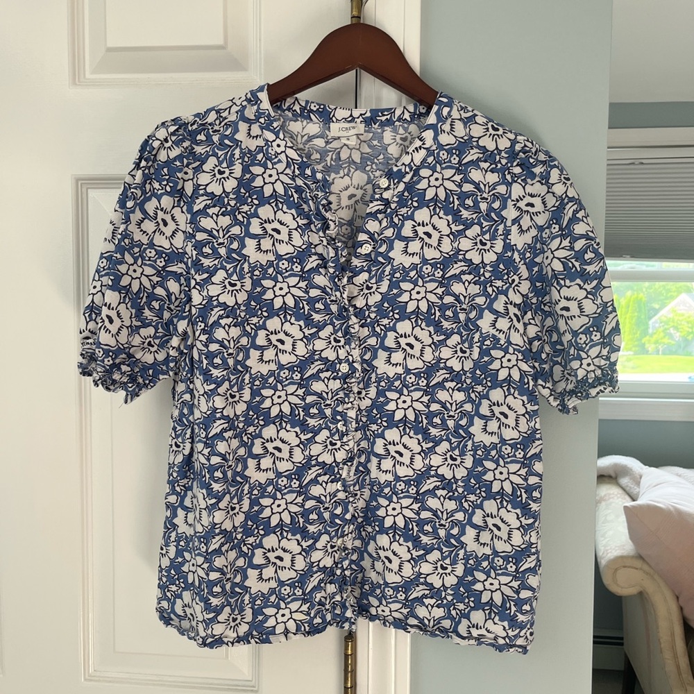 J. Crew Blue and White Ruffled Blouse
